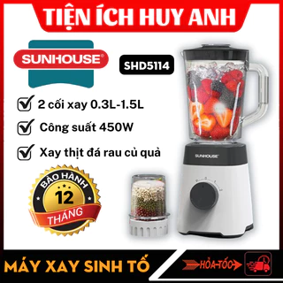 Máy Xay Sinh Tố Đa Năng SUNHOUSE SHD5114 - 2 cối tiện lợi - Công suất lớn, xay thịt-đá-rau-củ-quả-hạt -Bảo hành 12 tháng