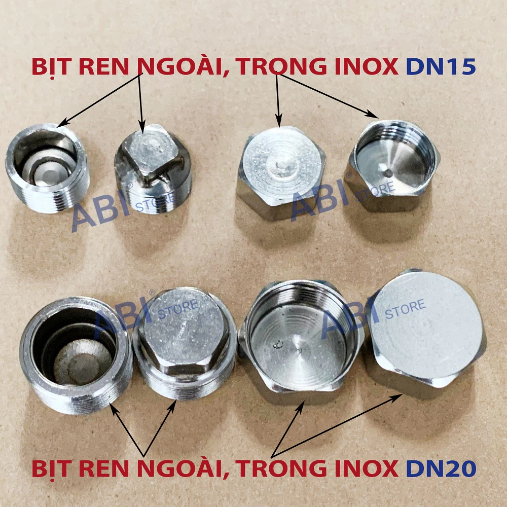 Combo 3 Nút bịt ren trong 21, 27, bịt inox ren ngoài dn15(1/2'), dn20(3/4') hàng dày đẹp
