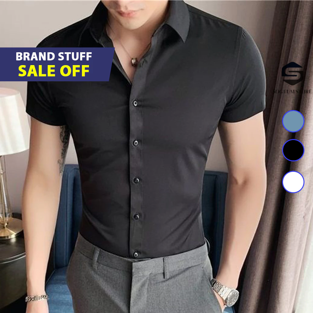 Áo Sơ Mi Nam Tay Ngắn Hàn Quốc Áo Sơ Mi Nam Cộc Tay Dáng Ôm Vải Lụa Chống Nhăn Chống Xù Thoáng Mát Sogeum Store