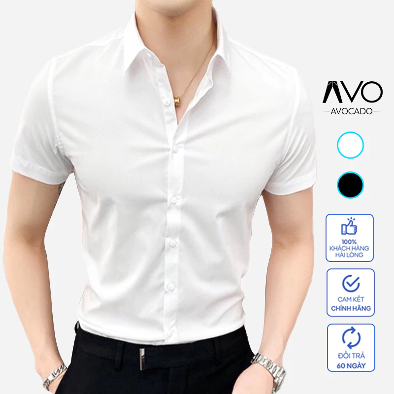 Áo Sơ Mi Nam Tay Ngắn Cộc Tay Hàn Quốc Dáng Ôm Vải Lụa Chống Nhăn Chống Xù Thoáng Mát Avocado