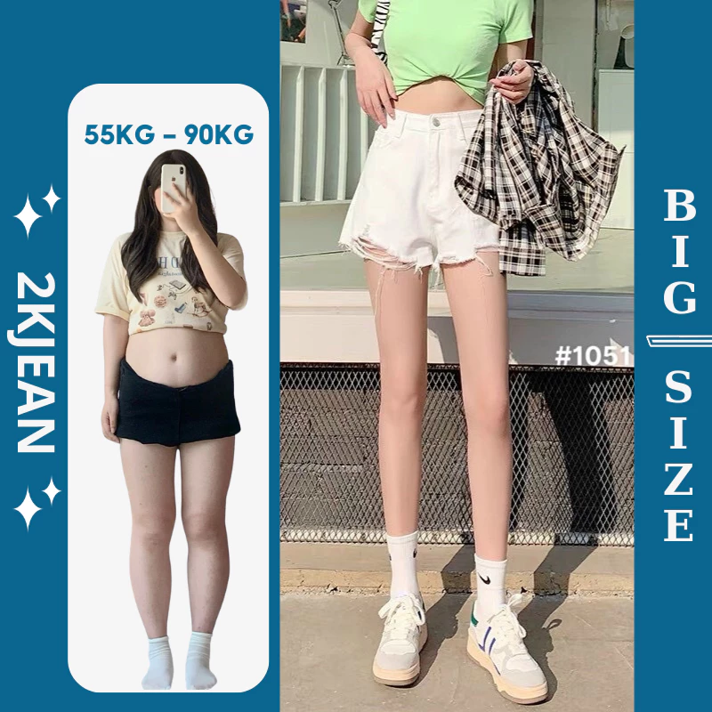 Quần Short Jean Nữ Phối Rách Lưng Cao Bigsize 40–85kg Form Y2K Cá Tính MS1059 – 2KJeans
