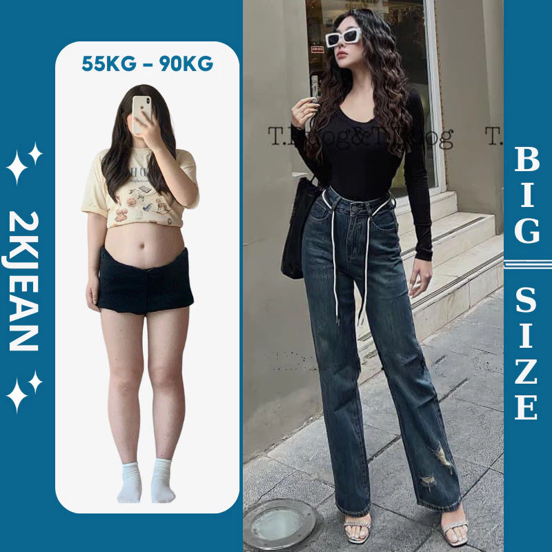 Quần ống suông rộng nữ bigsize 55kg-85kg kiểu rách tua lai hàng VNXK thời trang bigsize 2KJean MS163