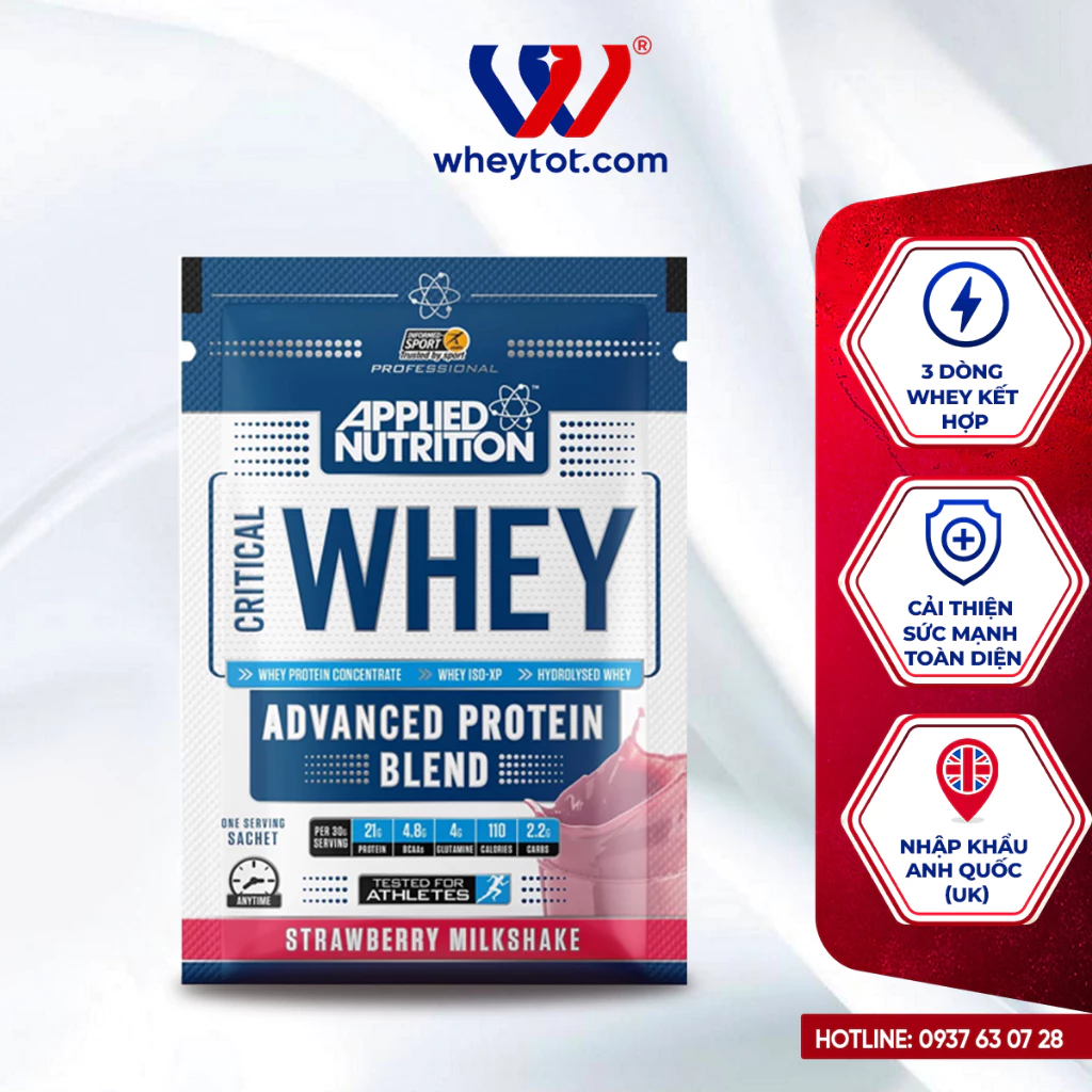 Bột whey sample Applied Nutrition Critical Whey gói dùng 1 lần, tăng cơ, giảm mỡ