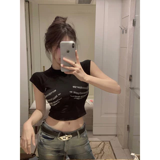 Áo crop top cổ tròn ngắn tay màu đen dành cho nữ phong cách Âu Mỹ