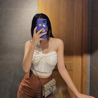 Áo croptop HHVINTAGE kiểu nơ ngực, chéo vai