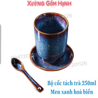 Bộ Cốc Trà 250ml Men Xanh Hoả Biến (cốc +đĩa + thìa) - Cốc tách uống trà xanh màu hoả biến - Gốm Sứ Cao Cấp Bát Tràng