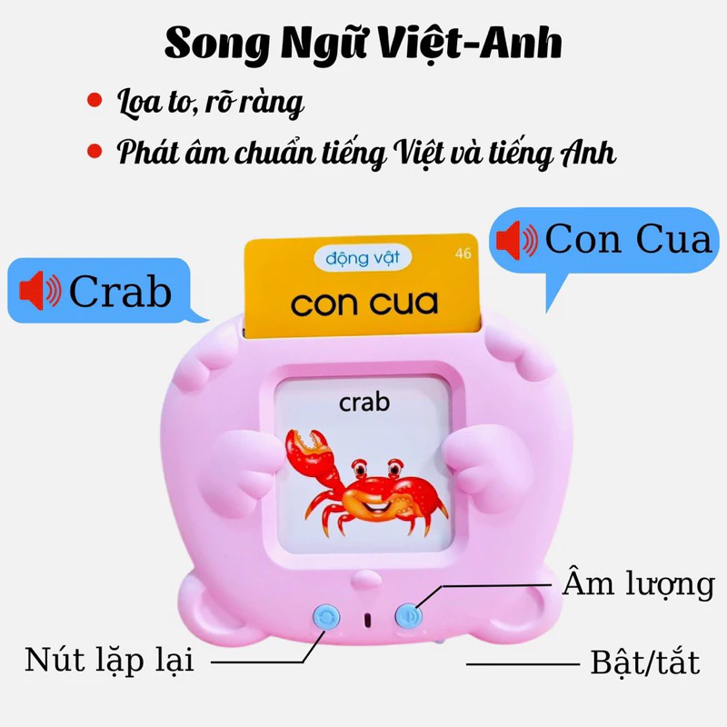 Máy đọc thẻ song ngữ Anh - Việt, máy đọc thẻ flashcard song ngữ hàng chính hãng loại 1 âm thanh to rõ ràng kèm dây sạc