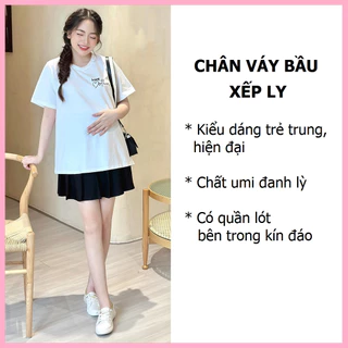 Chân Váy Bầu xếp li ngắn,  xinh tươi, trẻ trung. Chất Umi cotton đẹp, dày dặn - Dáng siêu xinh - Ảnh chụp thật