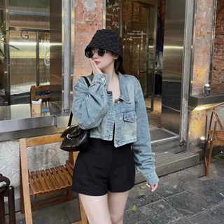 Áo jeans croptop tay dài, Áo khoác bò phong cách Hàn quốc (video/sẵn)