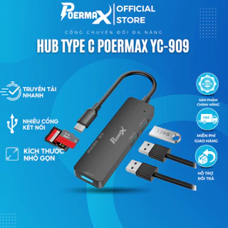 Hub Type C Poermax YC-909 cổng chuyển đổi đa năng Type C 5 in 1 có cổng cắm thẻ nhớ, SD, 2 USB 2.0 và 1 USB 3.0