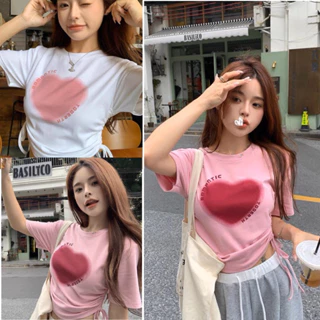 Áo thun croptop dây rút in trái tim, Áo thun baby tee nữ có dây rút họa tiết trái tim chất liệu cotton co giãn🎶🎶🎶