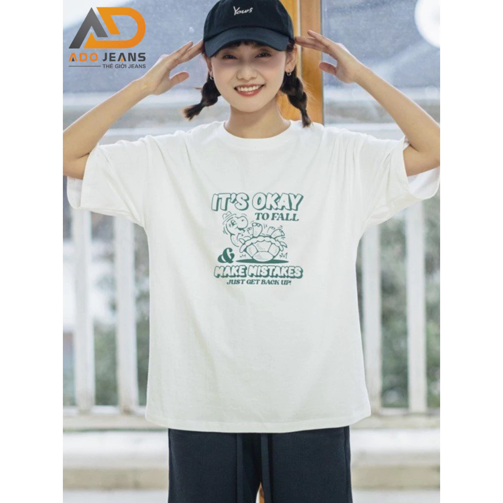 Áo thun nữ form rộng ADO JEANS chất vãi cotton dày dặn co giãn in hình xinh xắn (1617)