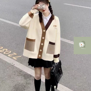 Áo Khoác Cardigan Tay Dài Cổ V Dáng Rộng Phối Kẻ Xanh Kẻ Nâu Basic Dễ Phối Đồ Phù Hợp Mọi Lứa Tuổi Hàng Qccc Nvn.Store