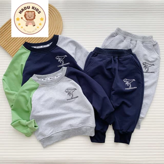 Bộ thu đông bé trai, bộ dài tay cho bé THÊU KHỦNG LONG chất nỉ da cá, đường may đẹp - HADU KIDS 11-27kg