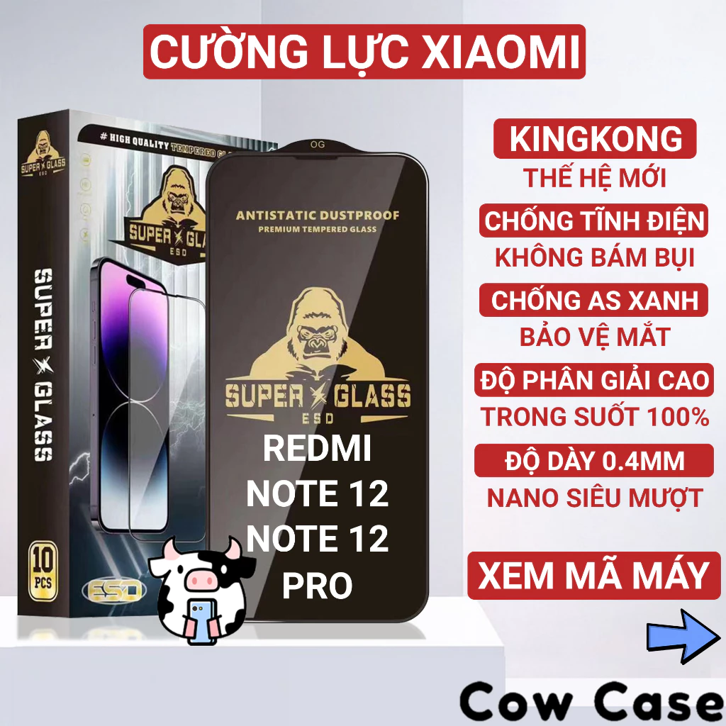 Kính cường lực Redmi Note 12 Pro, Note 12 turbo,12r, 12s, 12T 5G 4G Kingkong full màn | Miếng dán bảo vệ màn hình Xiaomi