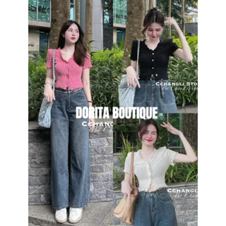 [SALE1] Áo len mỏng cài khuy cúc đá viền bèo cổ V HOTTREND DORITA BOUTIQUE