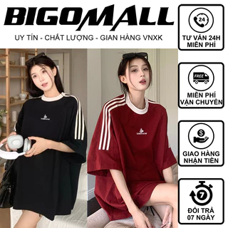 Áo thun tay lỡ thêu AP 3 sọc tay BIGOMALL - Áo phông nam nữ unisex freesize form rộng 65kg basic tshirt localbrand 2023