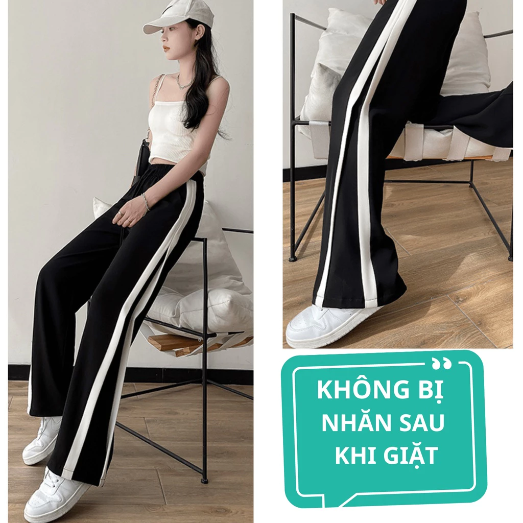 Quần ống rộng nữ  thể thao 2 sọc, quần dài nữ ống suông cạp chun cao có dây rút unisex CG-TR101