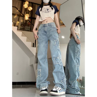 [Hàng mới chuẩn loại 1] Quần jeans ống suông rộng đắp ngôi sao to siêu phẩm Hàn Quốc cao cấp, cá tính