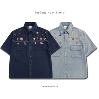 (ẢNH THẬT) SẴN Áo sơ mi denim thêu hoa có cổ polo oversize dáng rộng màu jeans bò đậm có túi khuy cúc xinh style âu mỹ