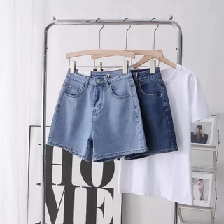 Quần Ngố jean Ống Rộng, Quần Short Jean Lưng Cao, Không Giãn, Quần Suông Lửng Xanh Đậm Basic