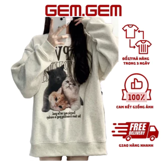 Áo sweater nỉ bông mịn 3 CHÚ MÈO màu xám trắng tay phồng form thụng nam nữ unisex, sweater ulzzang basic Hàn Quốc