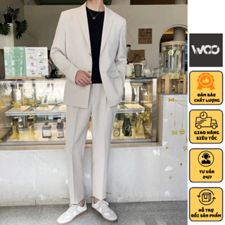 Áo khoác blazer nam WoO form rộng, áo khoác cổ vest nam 2 khuy cài phong cách Hàn Quốc