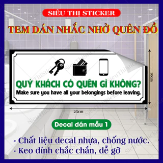 Bảng form/ decal nhắc nhở khách hàng kiểm tra đồ dùng trước khi rời đi dùng trong WC, nơi công cộng.