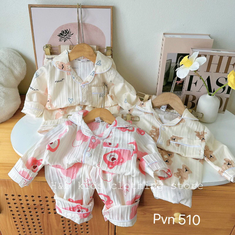 Pijama cho bé, đồ ngủ dài tay thu đông cho bé gái chất đũi xốp hoạ tiết đũi gân, quần áo trẻ em