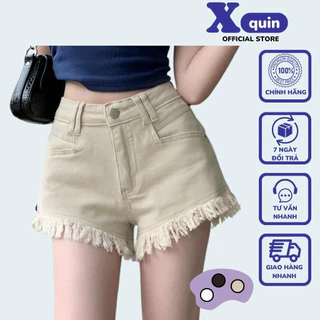 Quần short trơn nữ cạp cao lai tua cực tôn dáng Xquin, Quần đùi nữ lưng cao lai tua rua chất kaki dày dặn