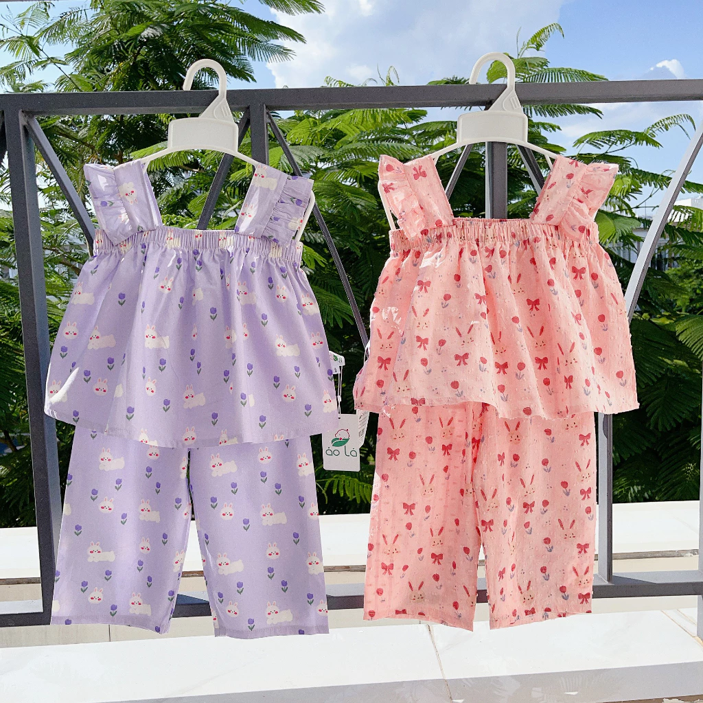 Bộ bé gái thô cotton áo cánh tiên babydoll quần dài suông dễ thương A053 Áo Lá Homewear