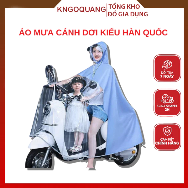 Áo Mưa Choàng Nửa Trước Trong Suốt Cho Mẹ Và Bé,Che Phủ Toàn Thân,Kèm Kính Chắn Mưa,Áo Mưa Cánh Dơi Sợi Vải Dù Siêu Dầy