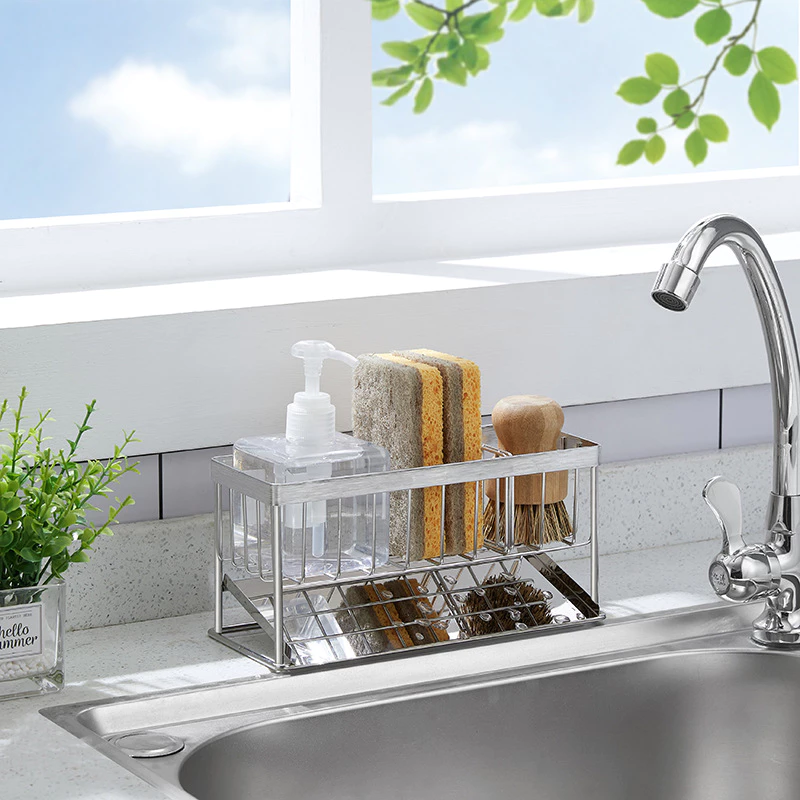 Kệ Đựng Đồ Rửa Chén Bát Inox 304 Chia Ngăn, Khay Giá Để Đồ Nhà Tắm Nhà Bếp Kèm Đĩa Thoát Nước Tện Lợi