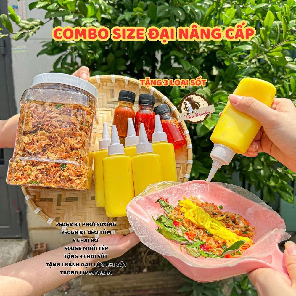 Combo SIZE ĐẠI NÂNG CẤP TẶNG QUÀ. Bánh tráng vân nguyễn. 250gr bánh tráng phơi sương muối tép hành phi 500gr, 5 chai b