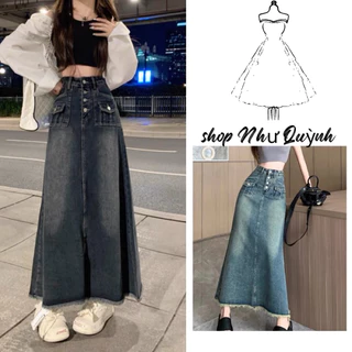 Chân váy jeans dài dáng chữ A phong cách retro nữ