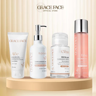 Combo 4 sản phẩm làm sạch da gồm tẩy trang, sữa rửa mặt, tẩy tế bào chết, nước hoa hồng Grace Face