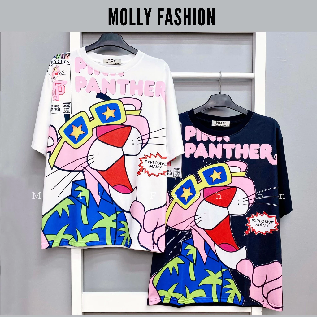 Áo thun tay lỡ unisex form rộng BÁO HỒNG freesize | in hoạt hình mặc nhóm/ đi chơi Molly Fashion