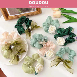 Phụ kiện tóc xinh Doudou Buộc Cột tóc vải nhũ Scrunchies hoa trà linh lan vintage phong cách Hàn Quốc thời trang FQ009