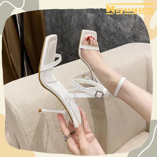 GIÀY SANDAL CAO GÓT NỮ ĐẾ NHỌN 9 PHÂN QUAI MẢNH MÀU ĐEN TRẮNG HOT N116