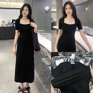 Váy nữ thun body cổ vuông cộc tay dáng dài V048 Đầm đen maxi dáng ôm ngắn tay chất cotton