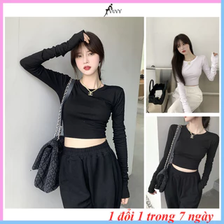 Áo croptop nữ dài tay VUVY chất thun gân ôm body co dãn tốt CRT19