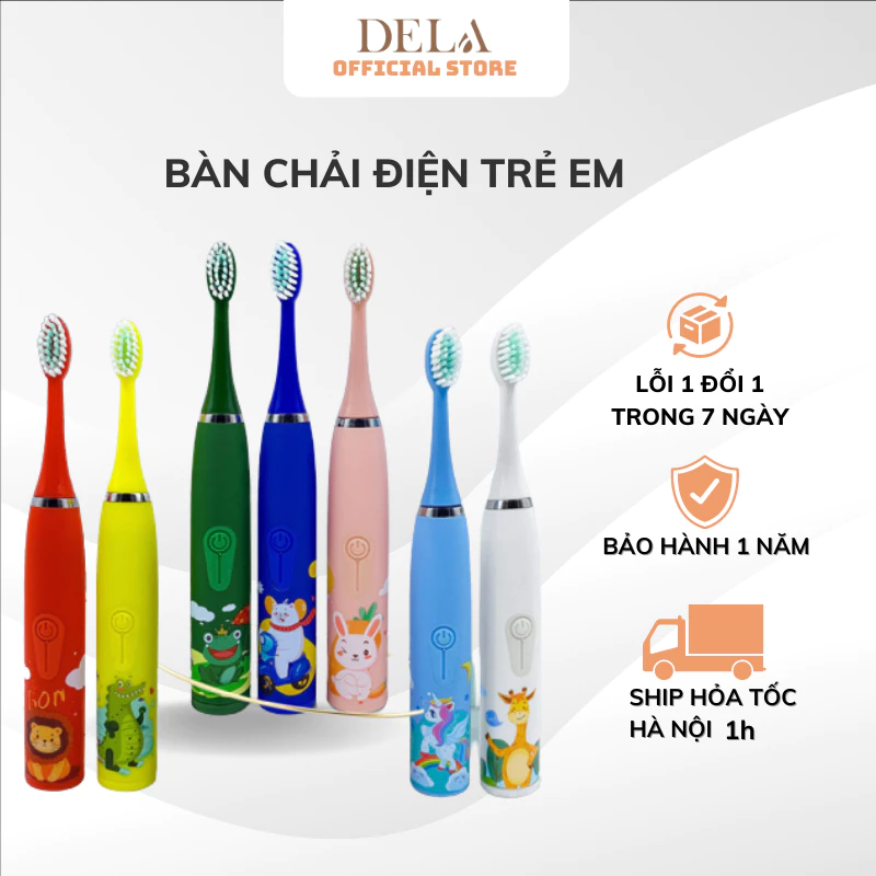 Bàn chải điện cho bé DELA 4 chế độ đánh sạch răng, chải tự động lông bàn chải mềm mại không đau lợi BCD05