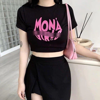 Áo Croptop Tay Ngắn Cổ Tròn Hoạ Tiết In Chữ Mona Girls Đáng Yêu