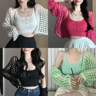 SWE Y2k mùa hè đan hàng đầu vest lỏng lưới cut-out Cardigan rắn màu Tops Ngắn Tank Top DRN