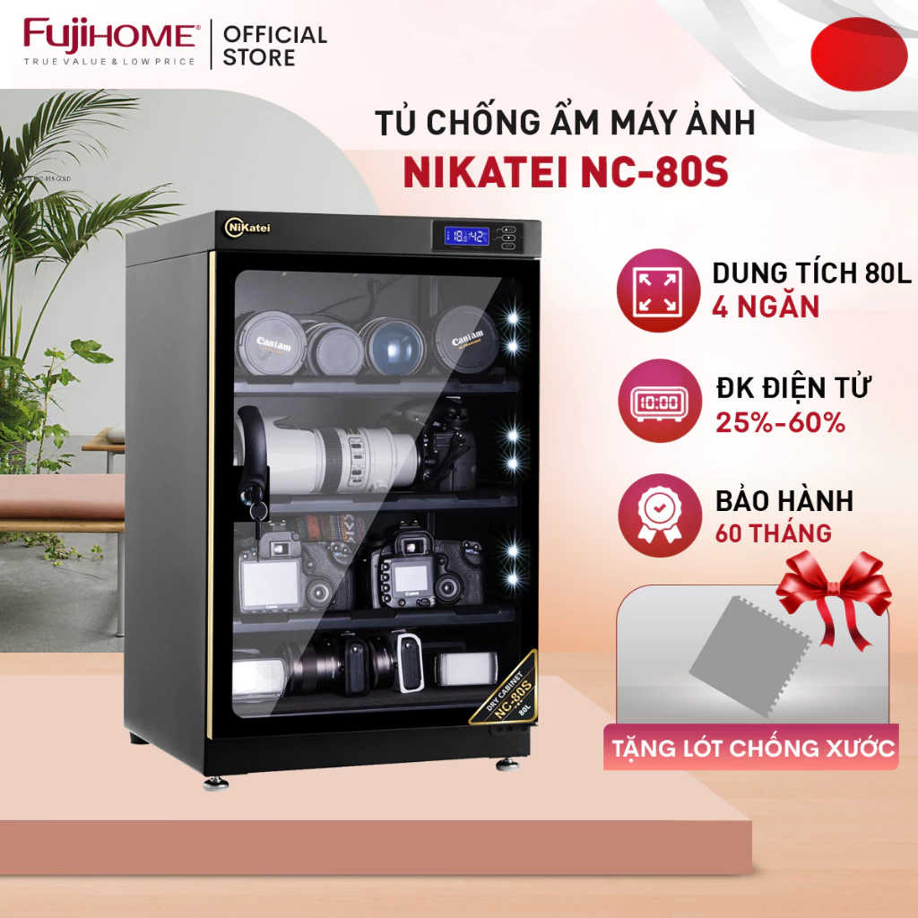 Tủ chống ẩm máy ảnh 80 Lít nhập khẩu Nikatei NC-80S, tủ hút ẩm 4 ngăn điều chỉnh được % độ ẩm, bảo hành 5 năm