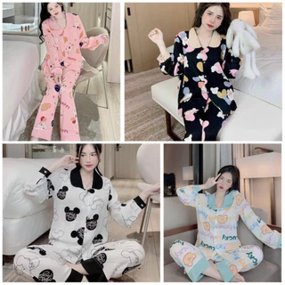 Bộ pijama ngủ nữ tay Dài quần Dài hoạt hình dễ thương mặc nhà kate thô freesize<60kg