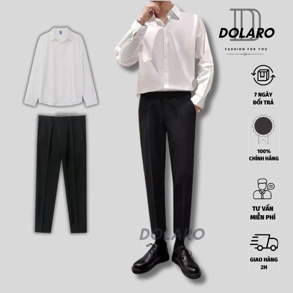 Set bộ áo sơmi tay dài nam DOLARO kèm quần dài nam kaki bản cúc, đi học đi làm công sở cực phù hợp
