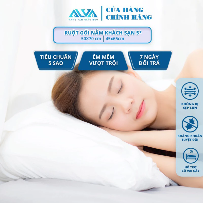 [GỐI KS 5 *] Gối nằm bông gòn ép hơi cao cấp ALVA, căng phồng có khóa kéo tăng giảm lượng gòn,thoáng mát, êm ái, vệ sinh