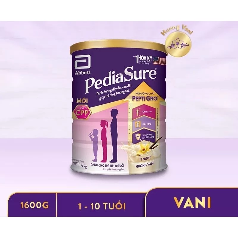 Mẫu mới CPP_Sữa bột PediaSure Vani Ít ngọt lon 1,6kg. HSD 01/2026