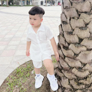 Bộ sơ mi cộc bé trai [Mimi Kids] Set áo sơ mi ngắn tay cổ vest và quần short chất đũi cho bé từ 7-18kg